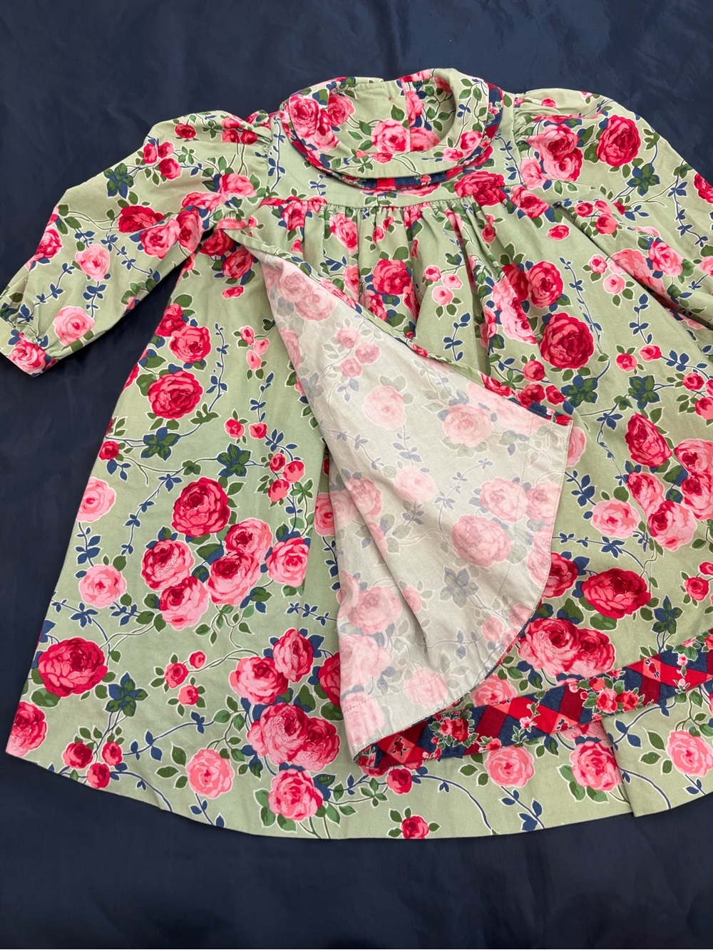 Vintage Mousefeathers Girls Green Floral Long-Sleeve Dress with Pink Rose Print - Picture 3 of 10